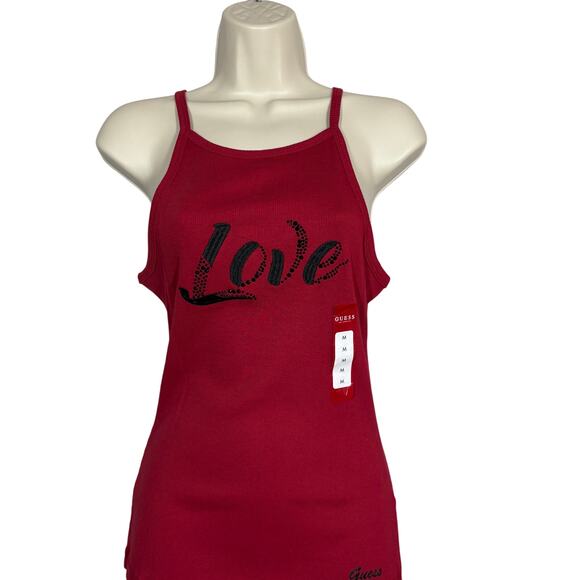 NEW! Guess Ribbed Tank Strappy Red Love Logo Casual Top - M - Picture 1 of 5